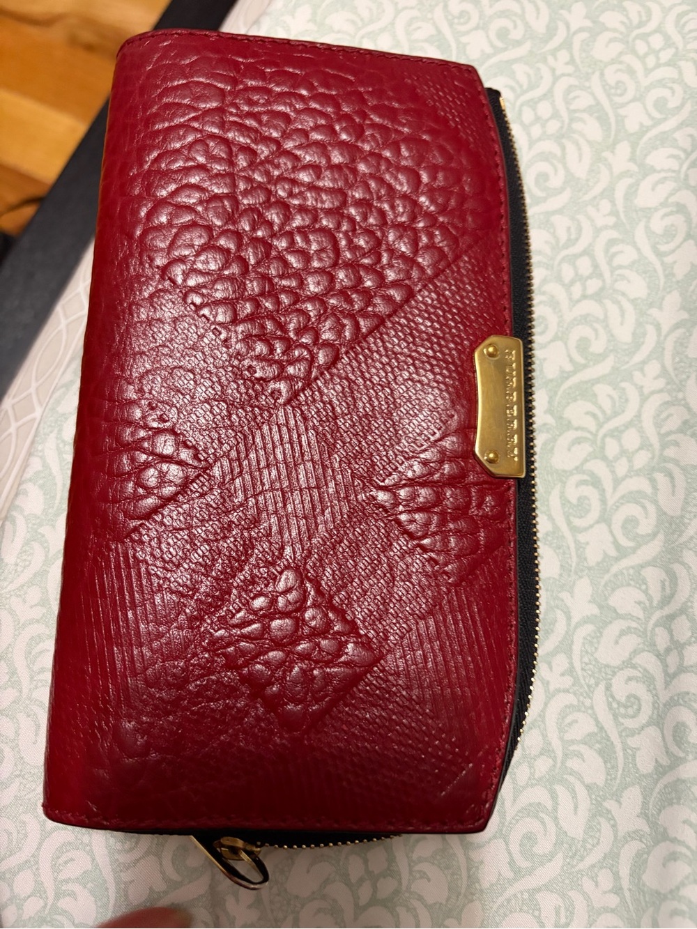 Burberry Red Textured Leather Zip Wallet with Gold Plate